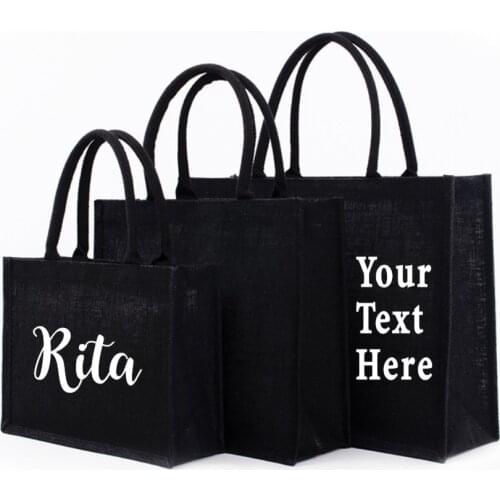 Black Reusable Jute Tote Bag Eco Friendly Burlap Grocery Bags for Shopping Beach Wedding Bag Bridesmaid Custom Jute Tote Bag
