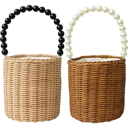 Flower Girl Woven Flower Basket Pearl Handle for Vintage Rustic Wedding Ceremony Decorative