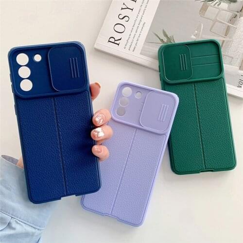 Slide Camera Lens Protection Leather Case For Samsung S21 Plus S20 FE A72 A52 A32 A12 A51 A71 A31 Soft Shockproof Phone Cover