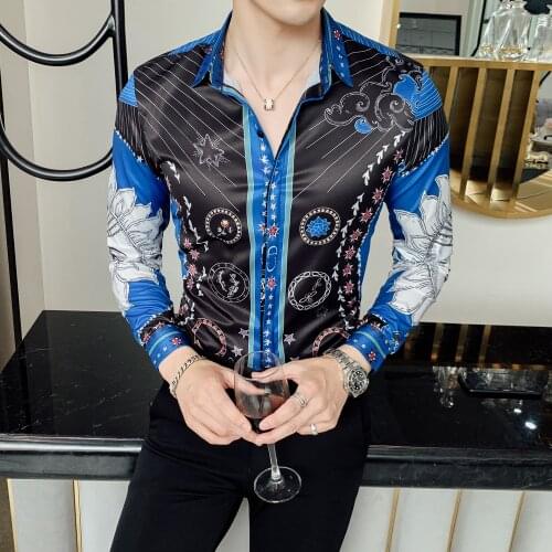 Royal Blue Print Men Shirt Long Sleeve 2019 Fashion Casual Shirts Slim Fit Shirts Streetwear Clothes Camisa Social Masculina