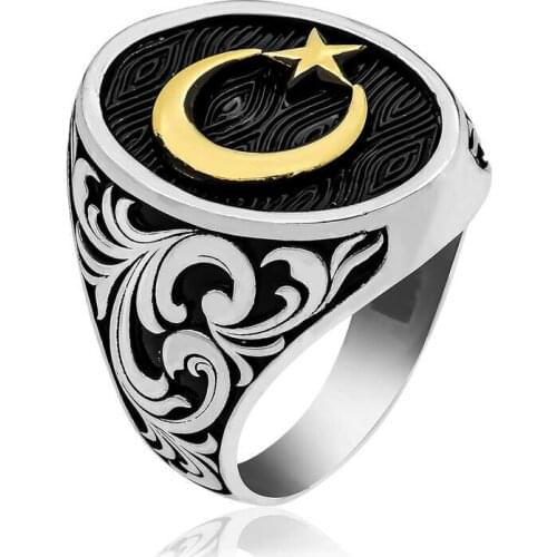 Silver Sides Pattern Moon Star Men 'S Ring