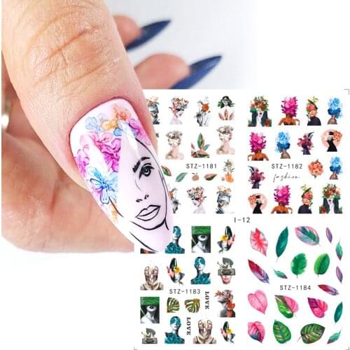 4 in 1 Modern Women Flower Nails Sticker Slider Letter Leaf Face Water Transfer Decal Foil for Inspiration Nail Art LAI01-19