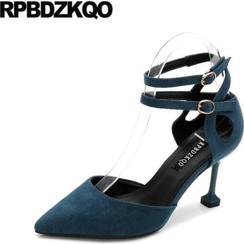 Suede 3 inch size 33 celebrity kitten 2019 high heels Winkle Picker navy blue pumps tie up women sandals pointed toe shoes strap