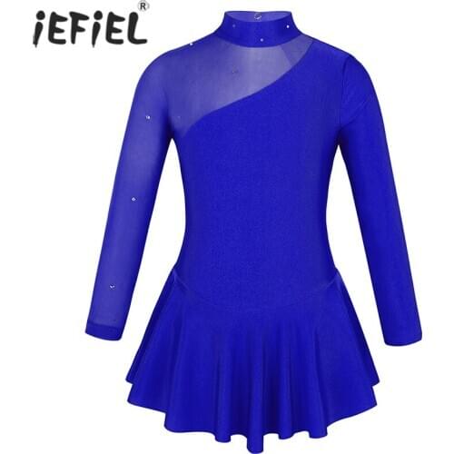 Girls Gymnastic Leotard Kid Figure Ice Skating Dress Long Sleeves Mock Neck Tulle Splice Cutouts Back Ballet Dance Dress Kids