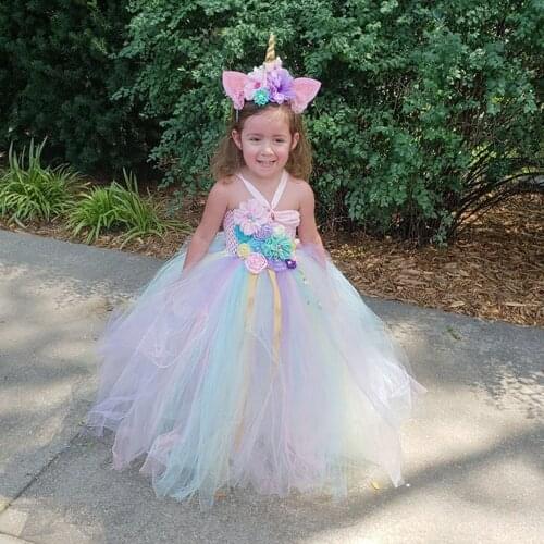 Pastel Rainbow Kids Dresses for Girls Floral Tutu Dress Unicorn Baby Luxury Flower Girls Wedding Dress Bridesmaid Maxi Dress