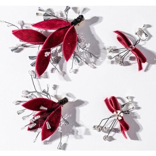 New Red Flower Bow Beaded Hair Clip Hair Decoration Flower Hairclip Girls Crystal Hair Accessories For Women Hair Barrette Set