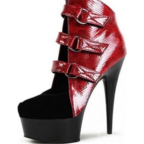 Womens sexy motorcycle Boots thick heel boots sexy 6 inch high-heeled pumps Punk color block 15cm High Heels Ankle Boots