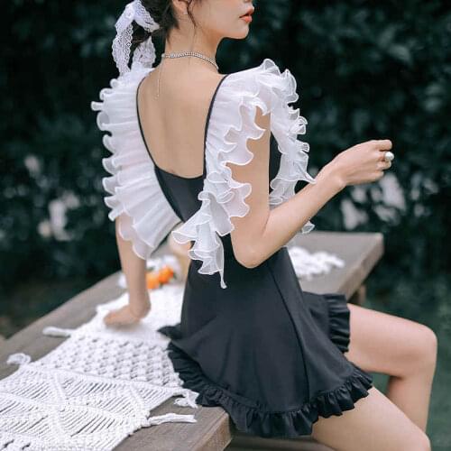 Swimsuit Womens Mesh Gauze Pleated Large Collar Hollow Elastic Drawstring Elastic High Waist Skirt Beach Simple Pure Color Suit