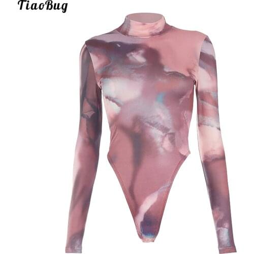 TiaoBug Summer Women Tie Dye Print Sexy High Collar Long Sleeves Slim Fit Leotard Jumpsuit Bodysuit For Swimming Surfing