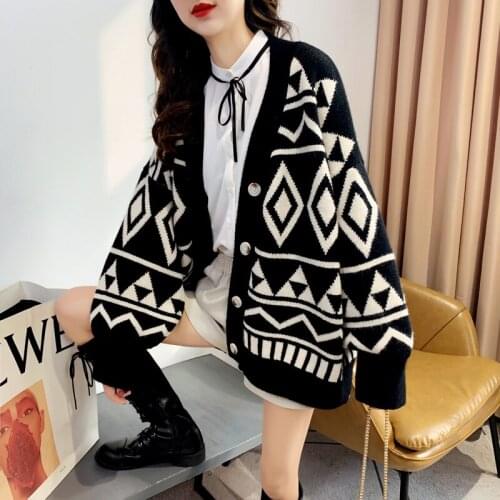Spring Autumn 2021 Korean Sweater Cardigans Women Vintage Geometric Graphics Long Sleeve Oversized Chic Loose Female Knit Coat