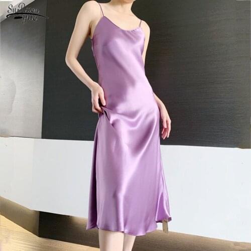Woman Dress Vestidos Satin Sleeveless Spaghetti Strap Straight Solid Luxury Shiny Sundress Sexy Imitation Silk Dress Green 13115