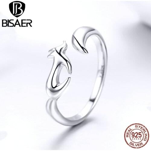 BISAER 100% 925 Sterling Silver Geometric Fox Shape Finger Ring Adjustable Animal Rings s for Women Wedding Jewelry Anel ECR478