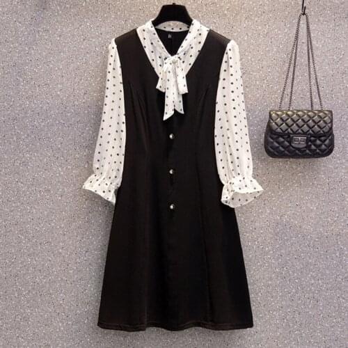 5XL plus size women elegant vintage Patchworkchiffon dress autumn winter 2021 long sleeve bow dot print button slim dresses