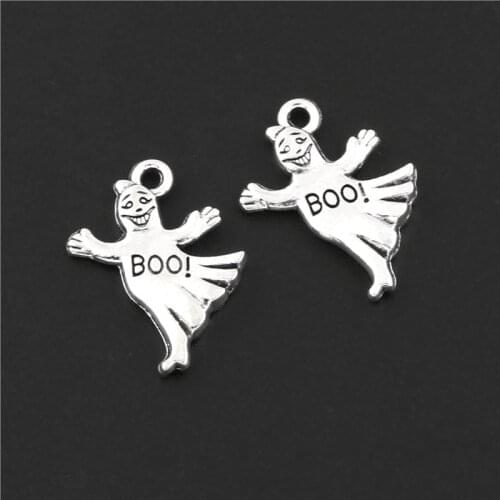 25Pcs Silver Color Plated Boo Ghost Charms God Pendant Making Halloween Day Gift Necklaces Earrings Jewelry 14X17mm A3129