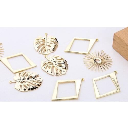 6pcs Real Gold Electroplated Leaves Flower Hollow Geometric s-shaped Double Hanging Wire Ring Diy Hand Ear Stud Material