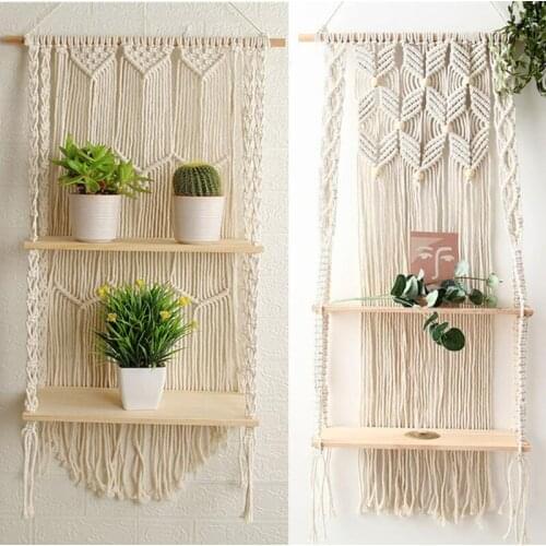 Bohemian Woven Tapestry Cotton Handmade Wall Tapestry Macrame Tapestries 1/2 Layers Wooden Shelves Rack Wall Hanging Tapestry