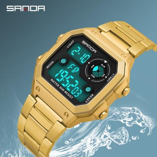 SANDA Stainless Steel Sports Mens Watches Gold Digital Watches Men Fashion Waterproof Count Down Clock Relogio Masculino 408