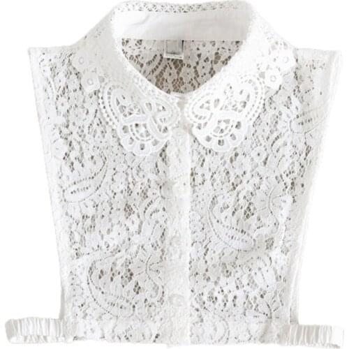 Women Girls Hollow Out Floral Lace Fake Collar Button Down Detachable Lapel White Half Shirt Blouse Sweater Accessory