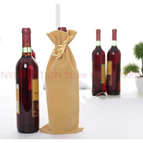 Flannel Wine bottle packing Bags 15x35cm velvet carrier gold thread Drawstring Bags Holder Gift Pouches Party Present 20PCS