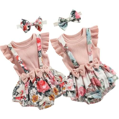 New 3Pcs Baby Summer Outfit, Solid Color T-Shirt + Rose Print Suspenders Pantie + Hairband for Toddler Girl, 0-18 Months