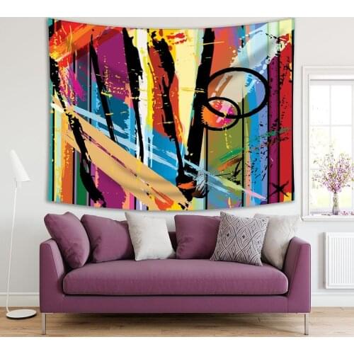 Tapestry Abstract Modern Artwork Composition with Paint Strokes Splashes and Stripes Red Purple Blue Black Colorful Print