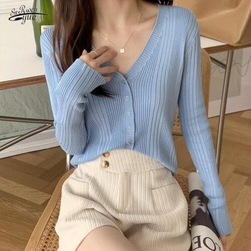 V-neck long-sleeved cardigan sweater single-breasted ice silk jacket sunscreen sweater Autumn and winter new style jacket 16599