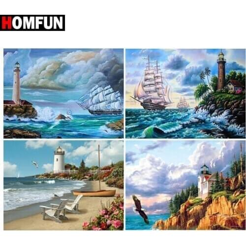 HOMFUN Paint With Diamond Embroidery "Boat landscape sea" Diamond Painting Full Square Round Picture Of Rhinestone Decor