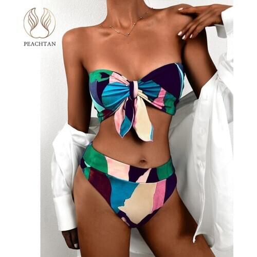 Peachtan Bandeau swimsuit women Print bikini set High waist swimwear female Knot Vintage biquini Off shoulder bathing suit new
