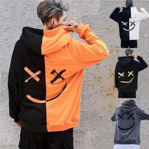 Men Hoodies Sweatshirts Fashion Smile Print Patchwork Headwear Hoodie Hip Hop Streetwear Couple Unisex Hooded Pullover Plus Size