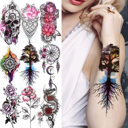 Life Tree Watercolor Temporary Tattoo For Women Dreamcatcher Dragon Forest Peony Tattoo Sticker Fake Lace Compass Feather Tatoos