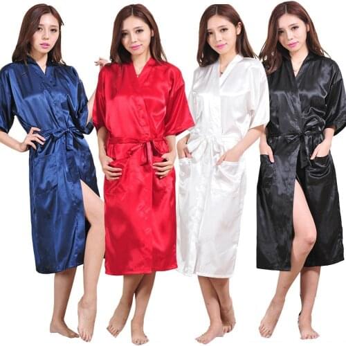 2021 New Women Sexy Solid Color Silk Midi Dress Bath Robe Waist Belt Pockets Sleepwear Robes
