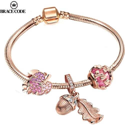 Rose Gold European Pine Fruit Pendant Charm Bracelet Fit Womens Jewellery Dropshipping Fine Bracelet with Maple leaf Bead Gift