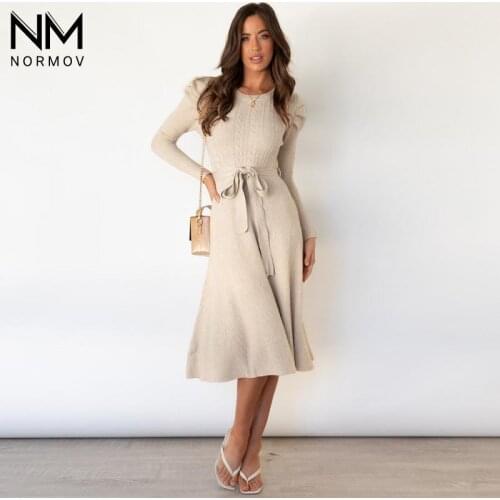 NORMOV High Waist Dress Women Autumn Winter Knitting Full Sleeve Midi Dress Round Neck Tether Comfort Casual Slim Dresses Women