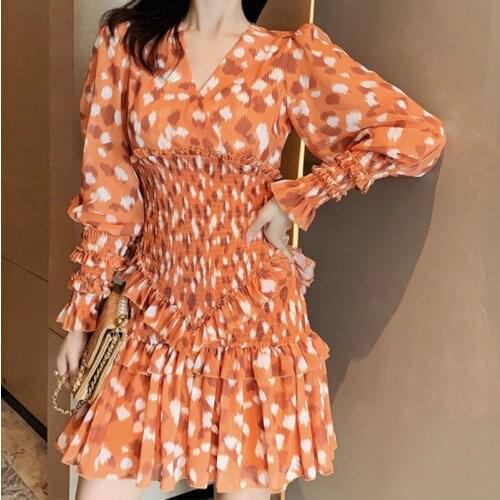 Spring Autumn Women Vintage Sweet Print Elastic High Waist Ruffle Mini Dresses Korean V-Neck Lantern Sleeve Pleated A-Line Dress