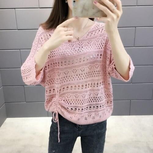 Hollow Out Summer Knitted Women Pullover Short Sleeve O-Neck Fashion Pull Jumper Thin Female Pullovers Tops Sweater Femme Top
