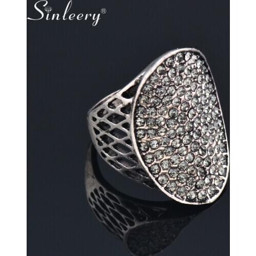 SINLEERY Retro Full Gray Cubic Zirconia Big Oval Rings Antique Silver Color Women Vintage Jewelry Best Friend Gift JZ064 SSI