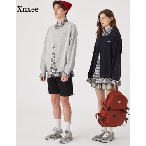 Hoodie Couple Pullover Sweater Unisex Sweatshirt Male Streetwear Plaid Collar Women Shirt Splice Casual Men Long Sleeve Tops