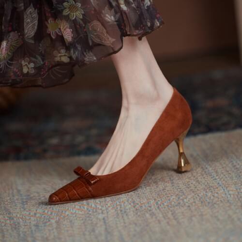 Women Pumps natural leather shoes 22-25 cm length Cowhide + sheep suede Embossed stone pattern women heels Metal women shoes