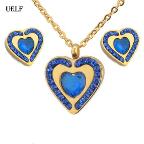 UELF Stainless Steel Trendy Heart Pendant Blue Crystal Necklace Heart Earring Wedding Jewelry Sets CZ Cubic Zircon Accessory