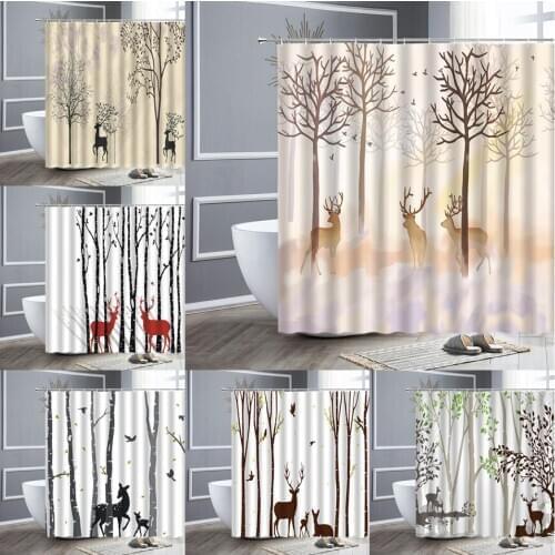 Waterproof Shower Curtain Sets Forest Scenery Elk Deer Nordic Style Polyester Fabric Hooks Bathroom Curtains Modern Home Decor