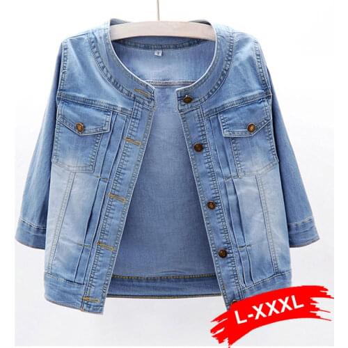 Plus Size Women Round Collar Light Blue Cropped Jeans Jacket XXXL Soft Thin 3/4 Sleeve Bomber Short Denim Jackets Casual Coat