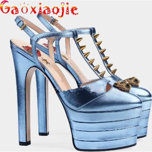 High Quality Corium Sexy Hollow Out Sandals Platform 16CM Model Catwalk Show High Heels Fashion Rivet Chic Nightclub Women Shoes