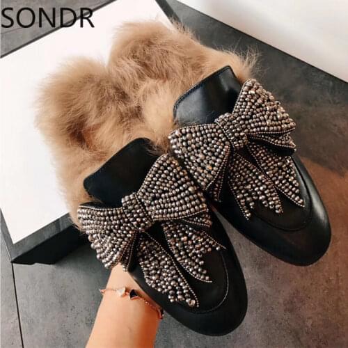 Women Real Leather Rabbit Fur Backless Slipper Mule Slide Rhinestones Crystal Bowknot Princetown Shoes Warm Winter Black White