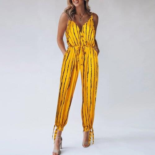 Spring Fashion Striped Print Jumpsuit Women V Neck Elastic Waist Sling Playsuit Summer Sleeveless Bandage Romper Beach Overalls