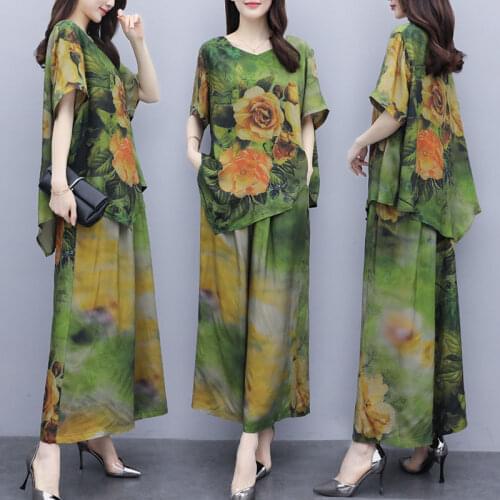 Summer Green Ice Silk Printed 2 Piece Sets Women Plus Size 5XL O-neck Top + Wide Leg Pants Suits Korean Womens Set Femme Y819