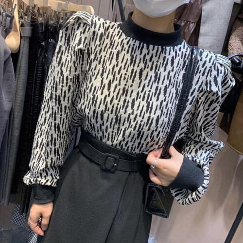 Womens Pullover Vintage Printing Chiffon Shoulder Pad Puff Long Sleeves Loose Tops Wholesale 2022 New Fashion Lady Clothing