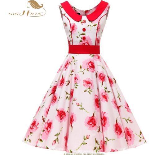 SISHION High Quality Elegant Dress Sleeveless Button Floral Print Women Cotton Hepburn Retro Vintage Dresses VD0770