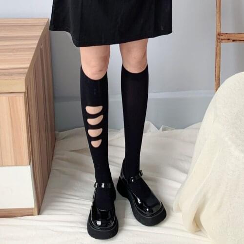 1 Pair Japanese High Knee Socks Women Velvet Thin Medium Socks Female Hole Design Black Short Socks Lolita Cosplay Goth Socks