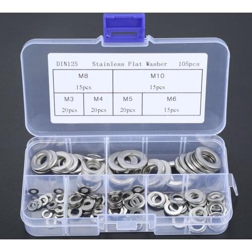 DRELD 105Pcs 304 Stainless Steel Flat Washer Plain Washer Gaskets Assortment Metric Flat Gasket Kit Flat Pad M3 M4 M5 M6 M8 M10
