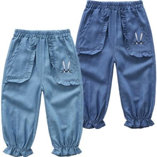 2020 1-6Y Toddler Infant Embroidery Anti-mosquito Trousers Summer Kids Girls Blue Elastic Waist Denim Pants with Slant Pockets